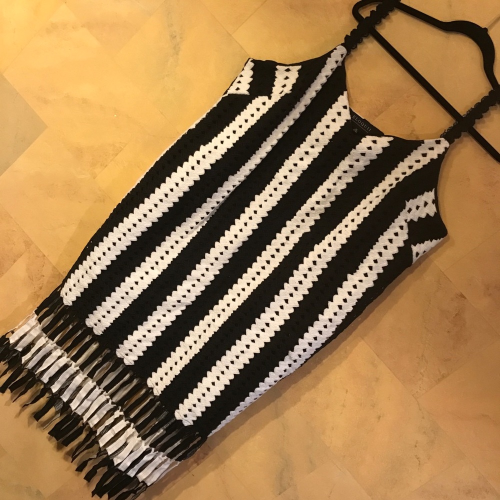 Women’s Eloquii SZ 20 Dress BLK/White Midi Braided Knit w/Fringed Hem Lined EUC